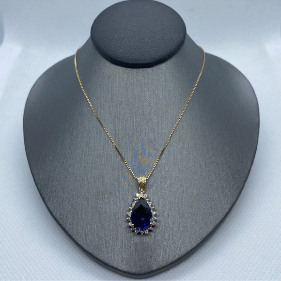 10kt yellow gold, diamond and blue sapphire necklace - Picture 1 of 5